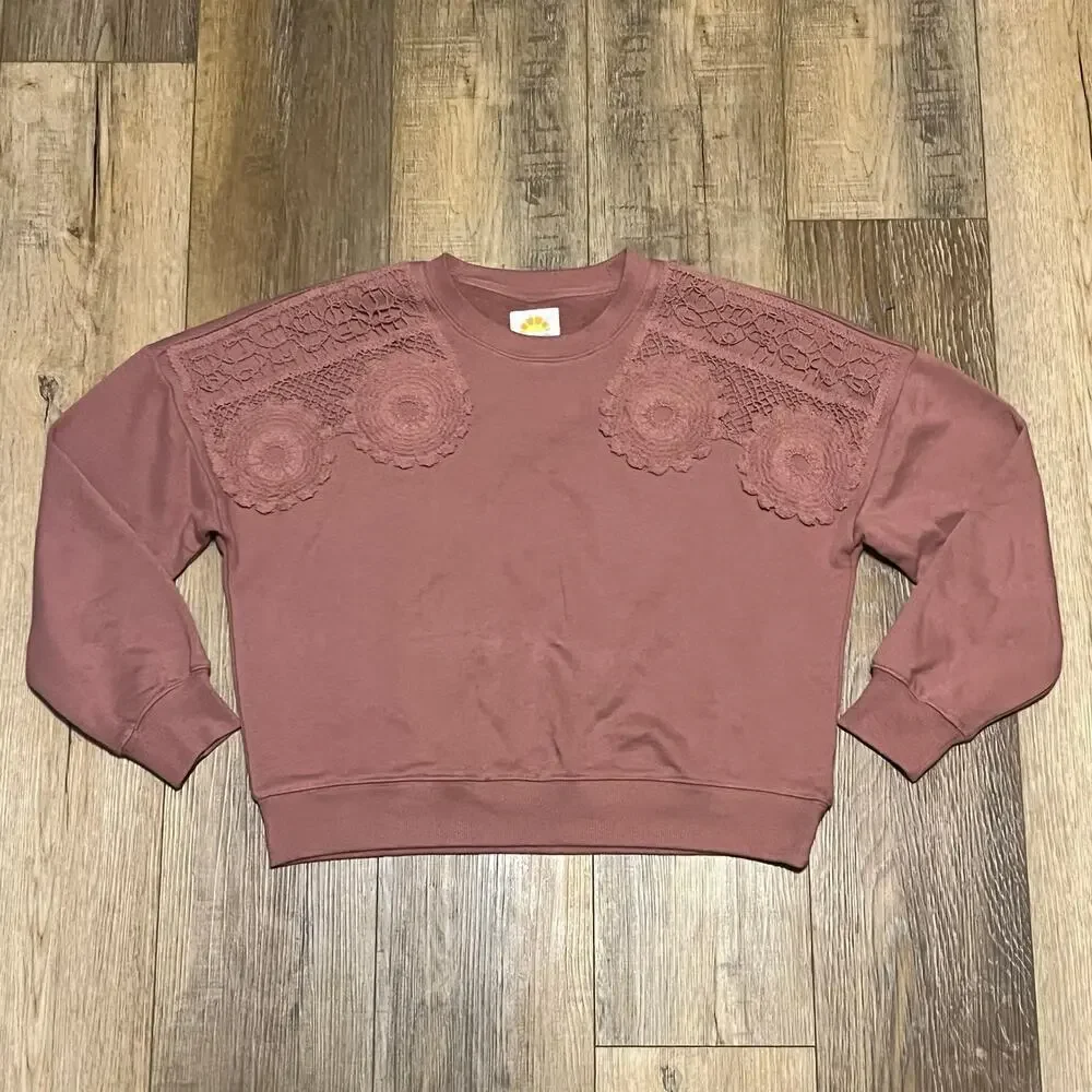 C&C California Lace Daisy Sweatshirt sweater Pullover Mauve Rose M Preppy Boho - Picture 2 of 7